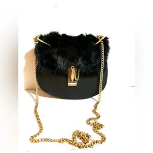 Handmade black PVC leather with faux fur crossbody evening handbag